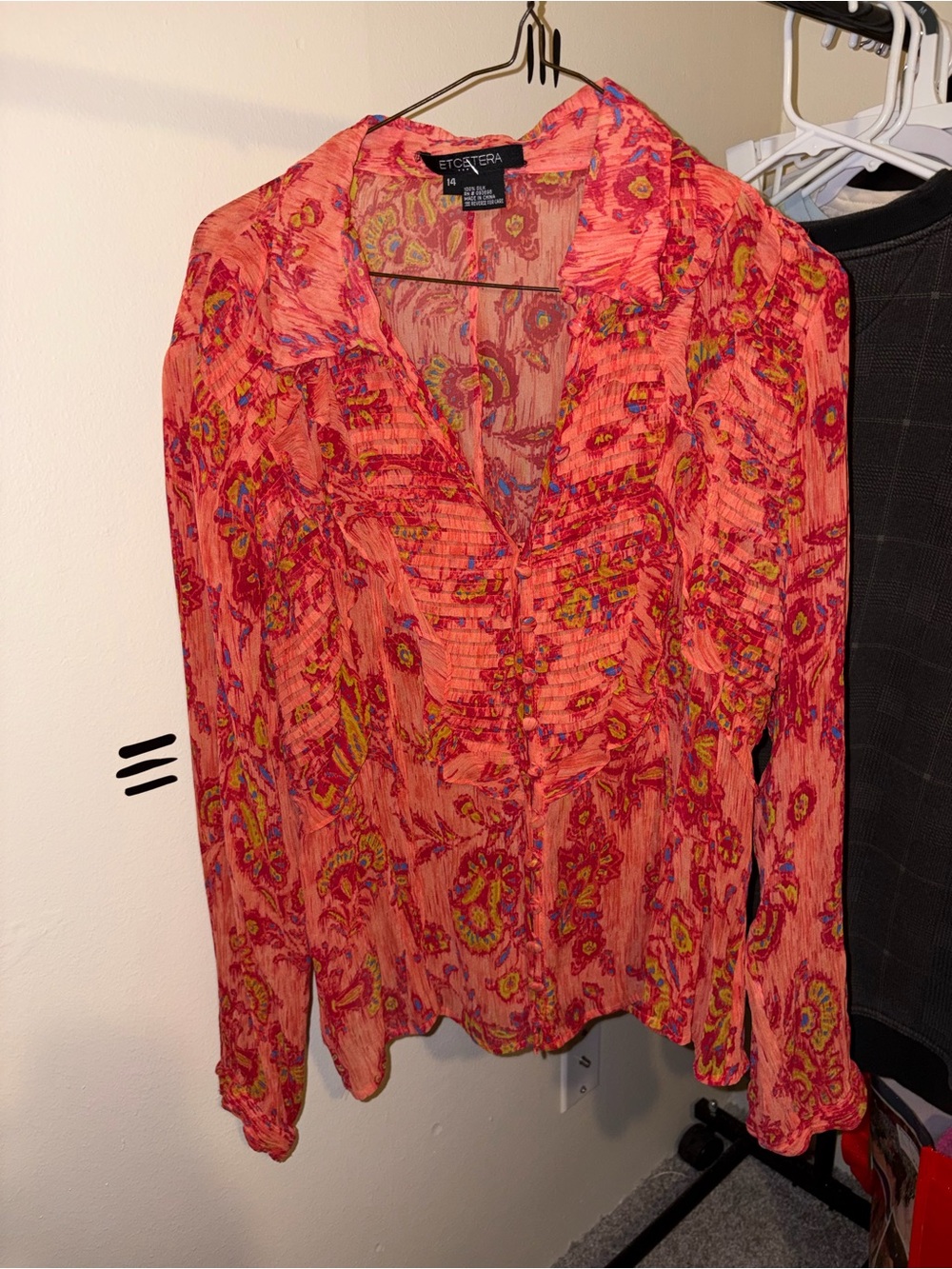 Etcetera Coral Pink Paisley Pintuck Button-Front Blouse 100% silk